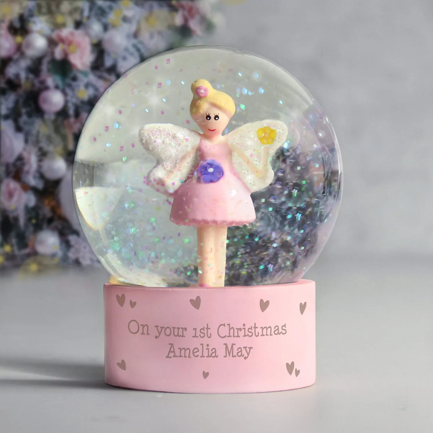 P011303 Personalised Any Message Fairy Hearts Motif Glitter Snow Globe Personalised Any Message Fairy Hearts Motif Glitter Snow Globe - Image 1