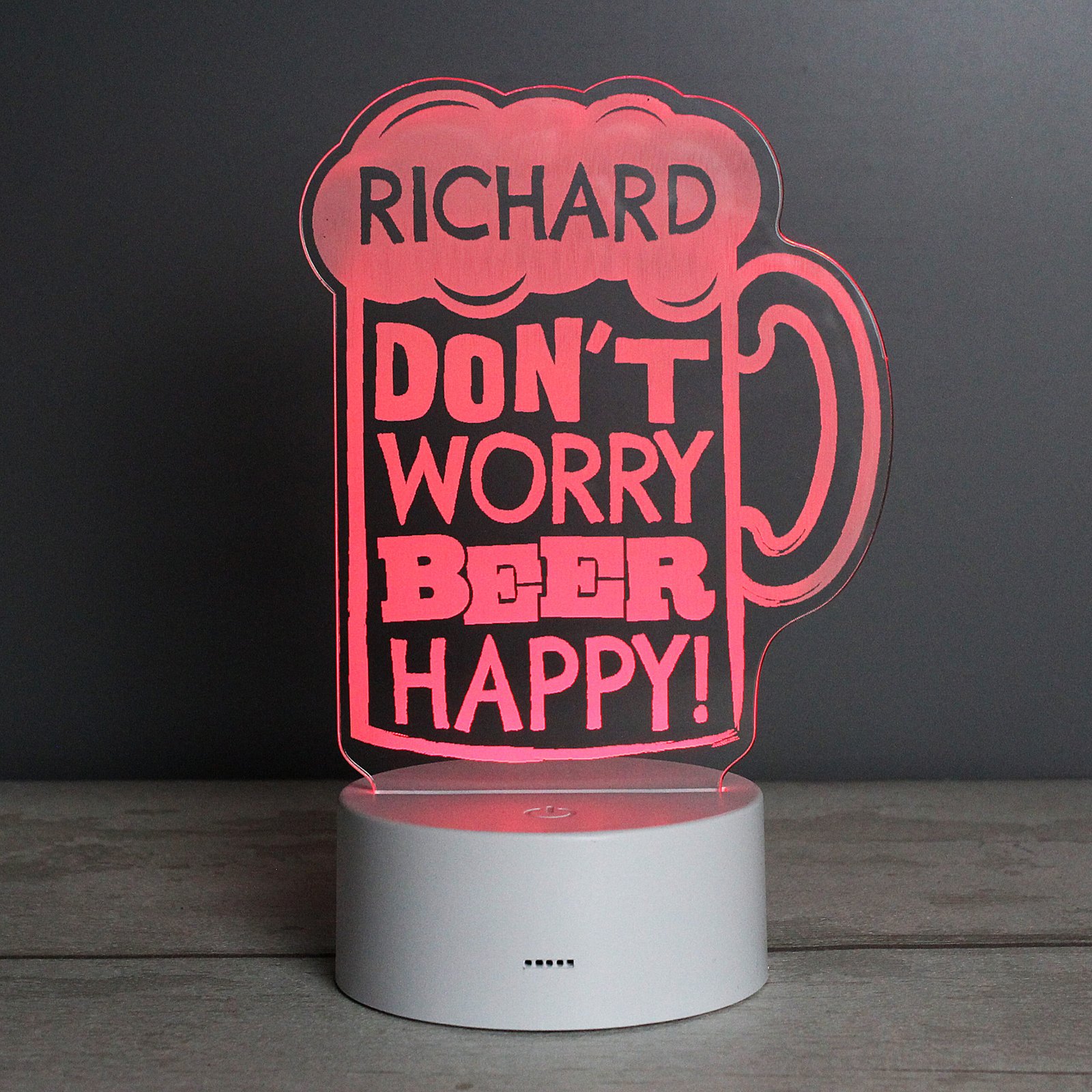 P011389 Personalised 'Don't Worry Beer Happy!' LED Colour Changing Light Personalised 'Don't Worry Beer Happy!' LED Colour Changing Light - Image 1