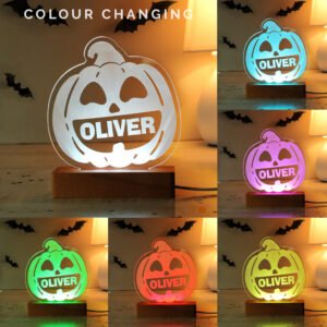 P0113A72 Personalised Children's Pumpkin Design Halloween Wooden Based LED Colour Changing Night Light 2