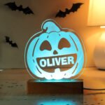 Personalised Children's Pumpkin Design Halloween Wooden Based LED Colour Changing Night Light - Image 3