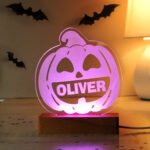 Personalised Children's Pumpkin Design Halloween Wooden Based LED Colour Changing Night Light - Image 4
