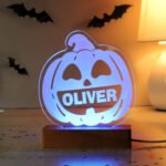 Personalised Children's Pumpkin Design Halloween Wooden Based LED Colour Changing Night Light - Image 5