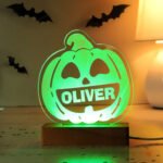 Personalised Children's Pumpkin Design Halloween Wooden Based LED Colour Changing Night Light - Image 6