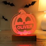 Personalised Children's Pumpkin Design Halloween Wooden Based LED Colour Changing Night Light - Image 7