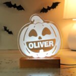 Personalised Children's Pumpkin Design Halloween Wooden Based LED Colour Changing Night Light - Image 8