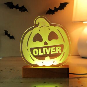 P0113A72 Personalised Children's Pumpkin Design Halloween Wooden Based LED Colour Changing Night Light