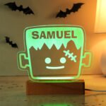 Personalised Children's Frankenstein Design Halloween Wooden Based LED Colour Changing Night Light