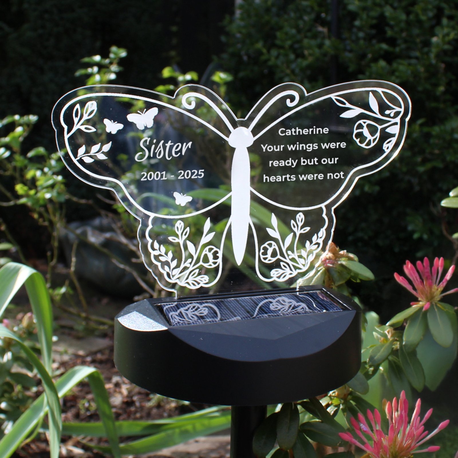 P0113B05 Personalised Butterfly Shaped Memorial Colour Changing LED Solar Light Personalised Butterfly Shaped Memorial Colour Changing LED Solar Light - Image 1
