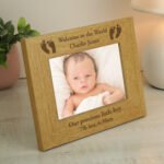 Personalised Baby Footprints Motif 6x4 Landscape Oak Finish Photo Frame - Image 3
