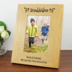 Personalised 'Grandchildren' Hearts Motif 4x6 Portrait Oak Finish Photo Frame