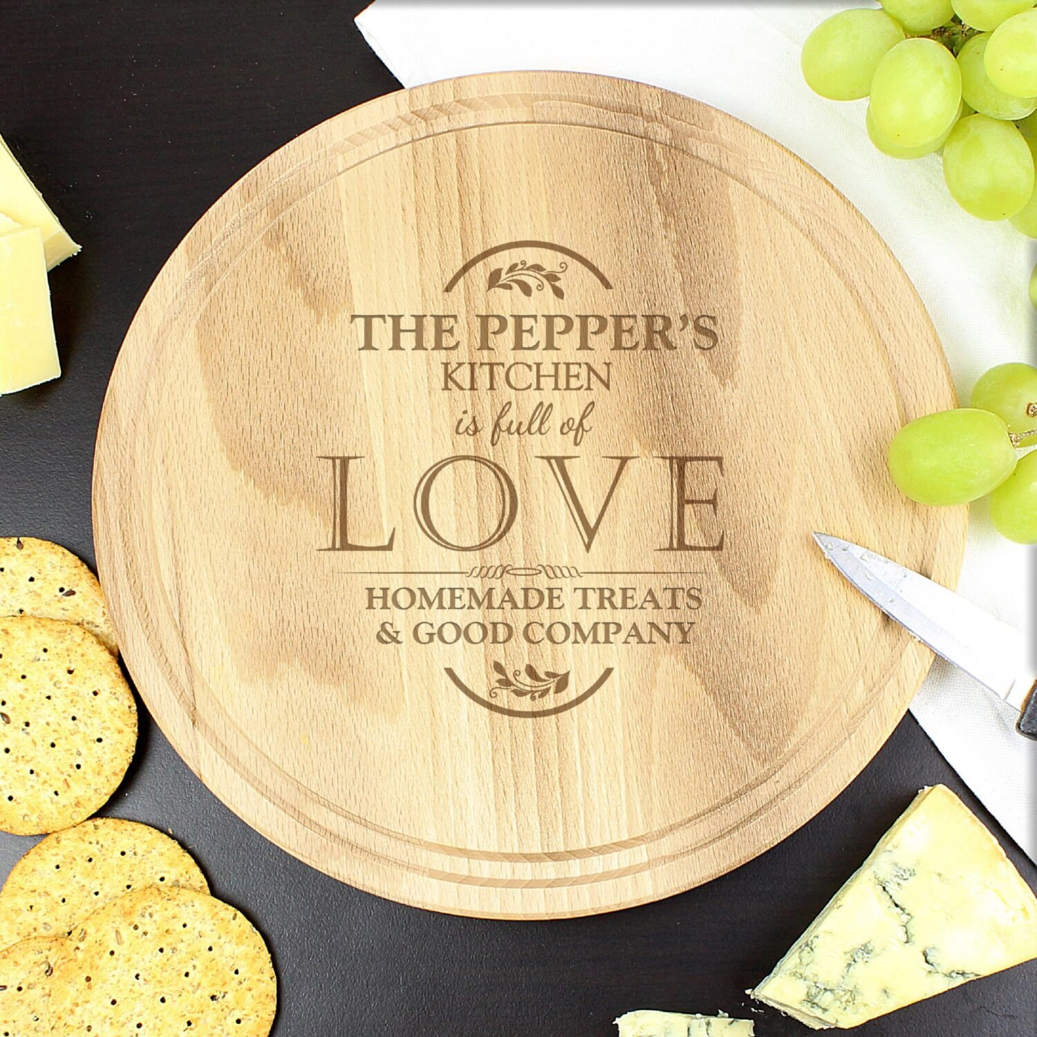 P011432 Personalised 'Full of Love' Large Round Wooden Chopping Board Personalised 'Full of Love' Large Round Wooden Chopping Board - Image 1