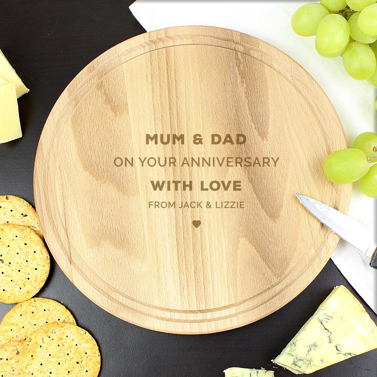 Personalised Any Message Heart Motif Round Wooden Chopping Board - Image 4