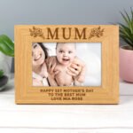 Personalised Floral Design 'Mum' 6x4 Landscape Oak Finish Photo Frame - Image 2