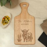 Personalised Highland Cow Design Wooden Paddle Board