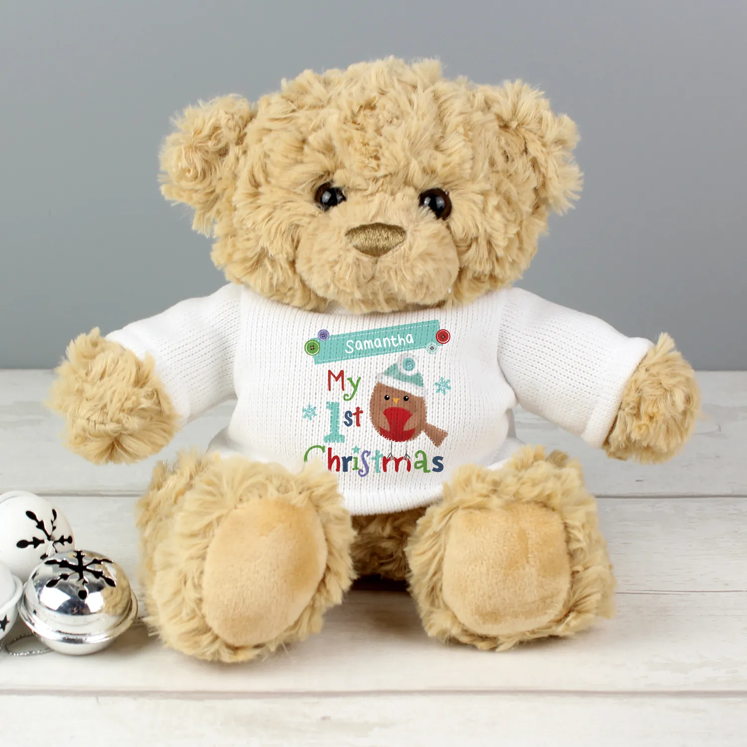 P0210B80 Personalised Felt Stitch Robin Design 'My 1st Christmas' Plush Teddy Bear Personalised Felt Stitch Robin Design 'My 1st Christmas' Plush Teddy Bear - Image 1