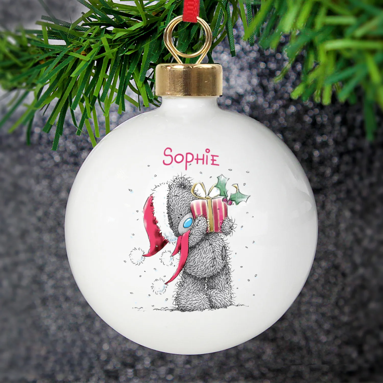 P0305F77 Personalised Me to You Bear Holding Present Christmas Ceramic Bauble Personalised Me to You Bear Holding Present Christmas Ceramic Bauble - Image 1