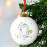 Personalised The Snowman and the Snowdog ‘My 1st Christmas’ Grey Ceramic Bauble