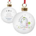 Personalised The Snowman and the Snowdog ‘My 1st Christmas’ Grey Ceramic Bauble - Image 3