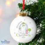 Personalised The Snowman and the Snowdog ‘My 1st Christmas’ Grey Ceramic Bauble - Image 3