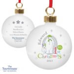 Personalised The Snowman and the Snowdog ‘My 1st Christmas’ Grey Ceramic Bauble - Image 5