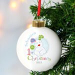 Personalised The Snowman and the Snowdog Blue 'My 1st Christmas' Ceramic Bauble