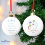 Personalised The Snowman and the Snowdog Blue 'My 1st Christmas' Ceramic Bauble - Image 2