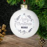 Personalised 'Merry Christmas' Frost Design Ceramic Bauble - Image 2