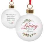 Personalised 'In Loving Memory' Wreath Design Ceramic Christmas Bauble - Image 3