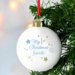 Personalised Gold & Blue Stars Design 'My 1st Christmas' Ceramic Bauble - Image 2
