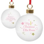 Personalised Gold & Pink Stars Design 'My 1st Christmas' Ceramic Bauble - Image 3