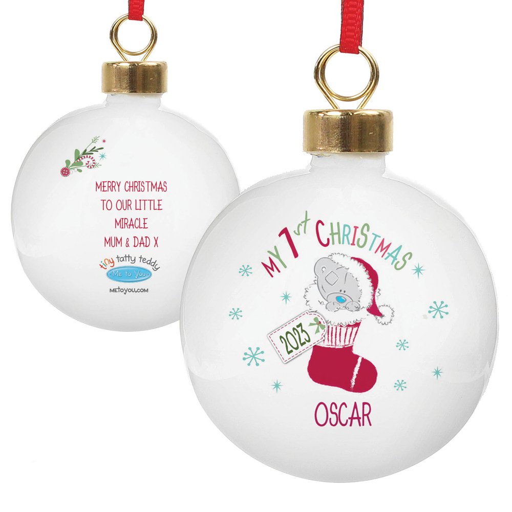Personalised Tiny Tatty Teddy Stocking 'My 1st Christmas' Ceramic Bauble - Image 5