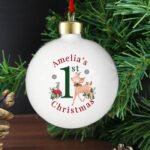 Personalised Festive Fawn Design '1st Christmas' Ceramic Bauble