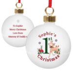 Personalised Festive Fawn Design '1st Christmas' Ceramic Bauble - Image 3