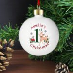 Personalised Festive Fawn Design '1st Christmas' Ceramic Bauble - Image 2
