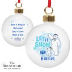 Personalised The Snowman and the Snowdog Blue Ceramic Christmas Bauble - Image 4