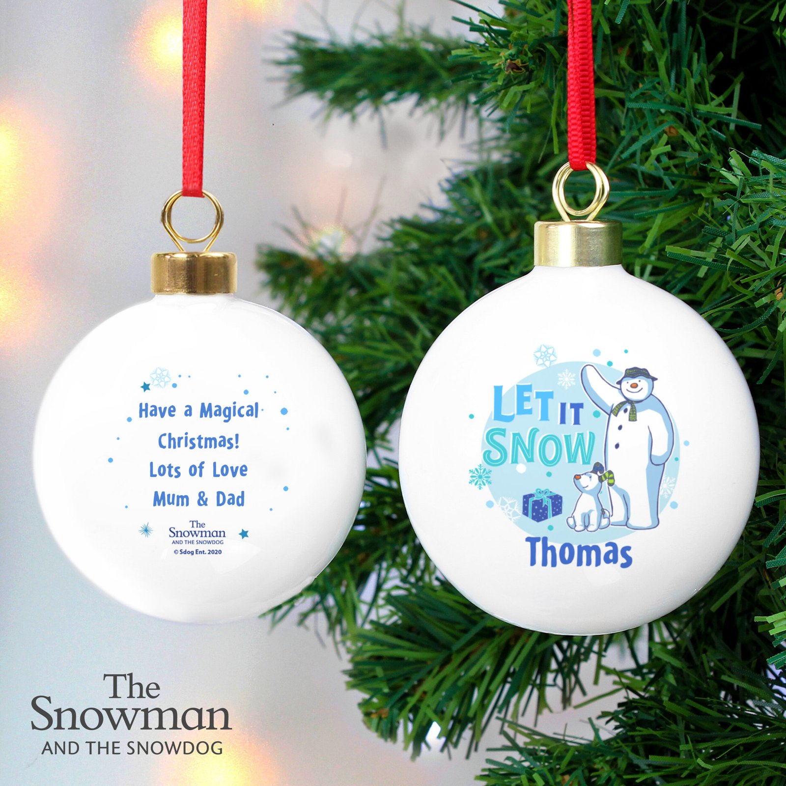 P0305I13 Personalised The Snowman and the Snowdog Blue Ceramic Christmas Bauble Personalised The Snowman and the Snowdog Blue Ceramic Christmas Bauble - Image 1
