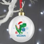 Personalised Children's Dinosaur 'Have a Roarsome Christmas' Ceramic Bauble - Image 2