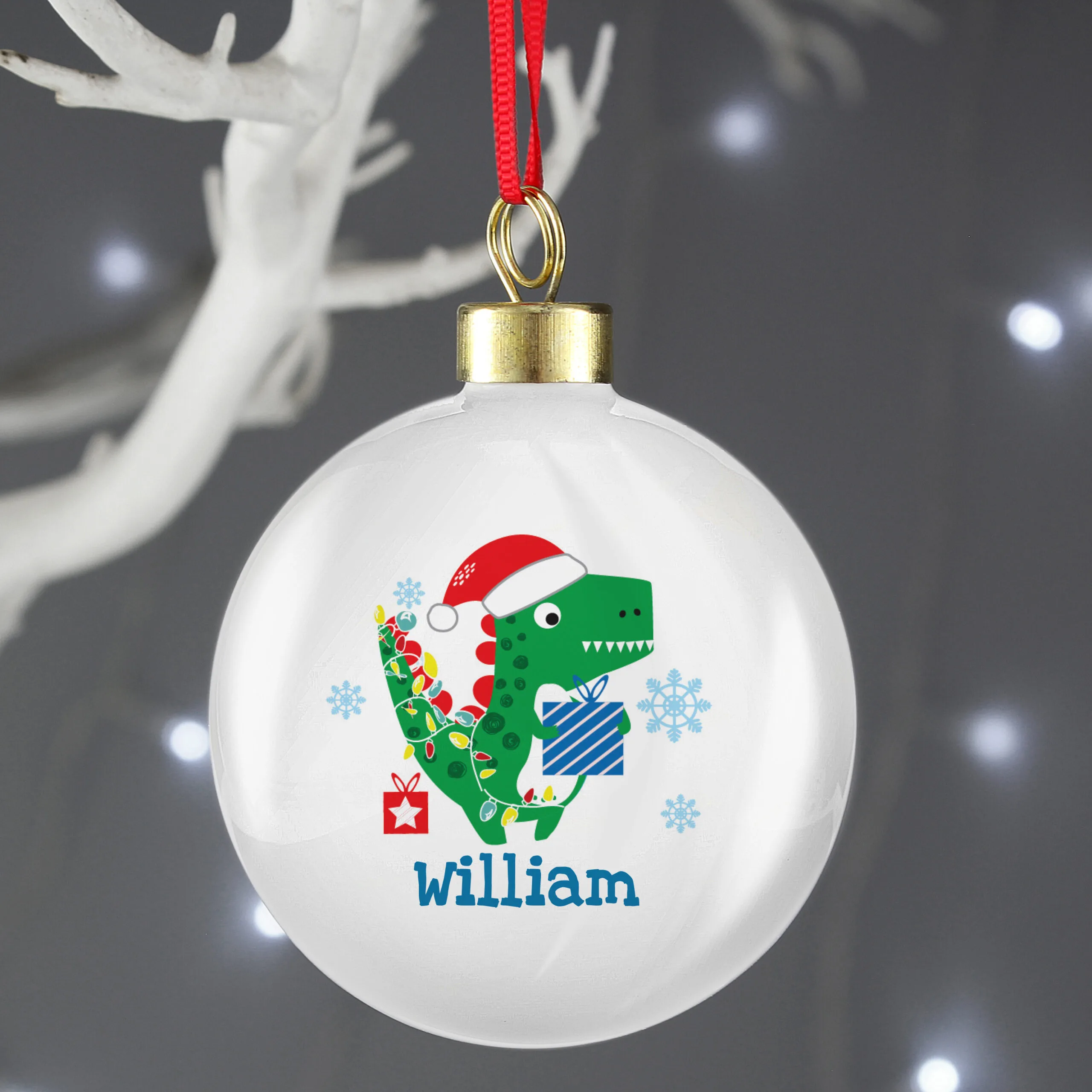 Personalised Children's Dinosaur 'Have A Roarsome Christmas' Ceramic Bauble - Image 2