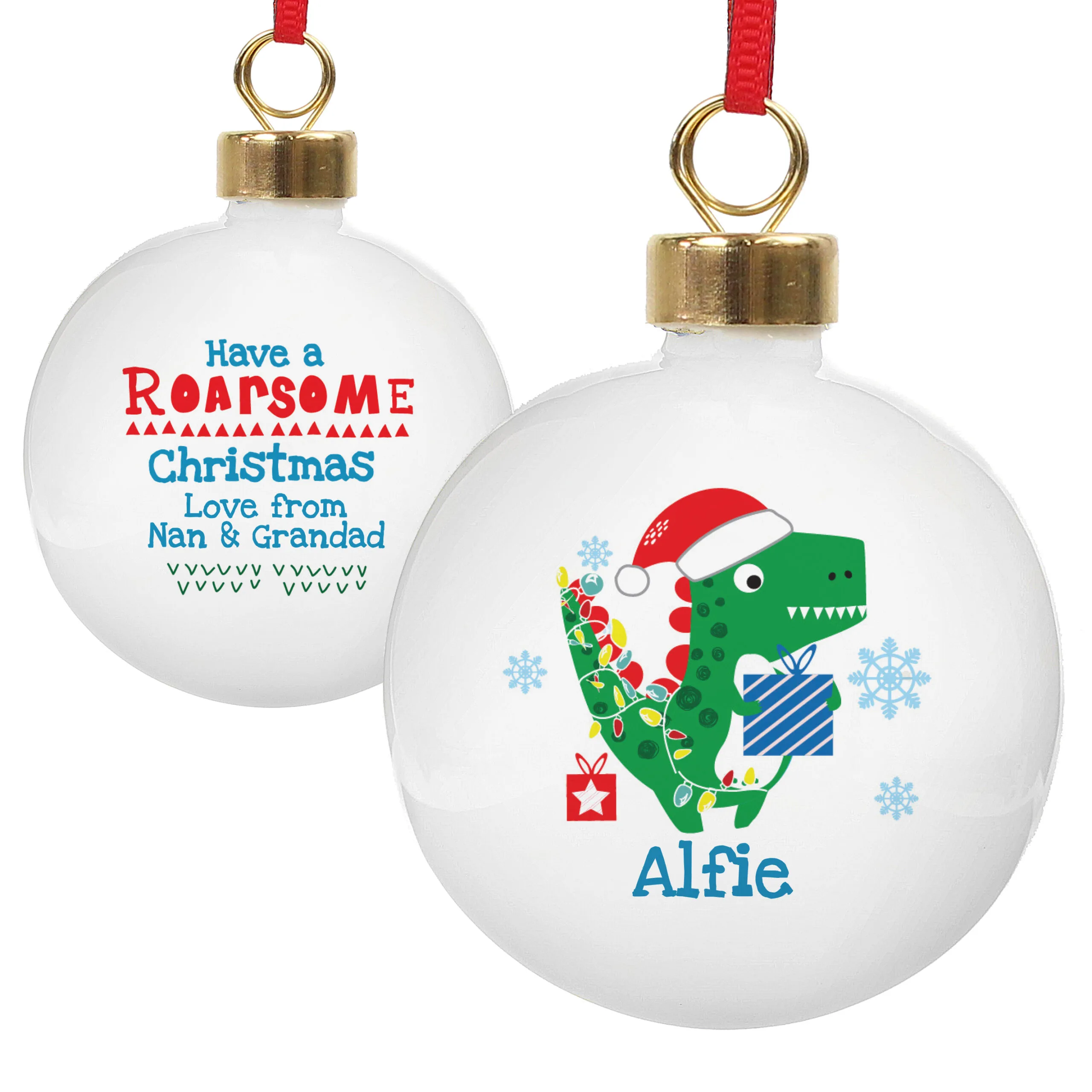 Personalised Children's Dinosaur 'Have A Roarsome Christmas' Ceramic Bauble - Image 3