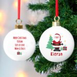 Personalised Santa with Christmas Tree & Presents Ceramic Christmas Bauble - Image 3