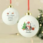 Personalised Penguin with Christmas Tree Ceramic Bauble