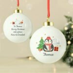 Personalised Penguin with Christmas Tree Ceramic Bauble - Image 3