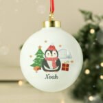 Personalised Penguin with Christmas Tree Ceramic Bauble - Image 4