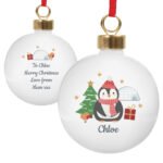 Personalised Penguin with Christmas Tree Ceramic Bauble - Image 5