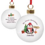 Personalised 'My First Christmas' Penguin Design Ceramic Christmas Bauble - Image 5