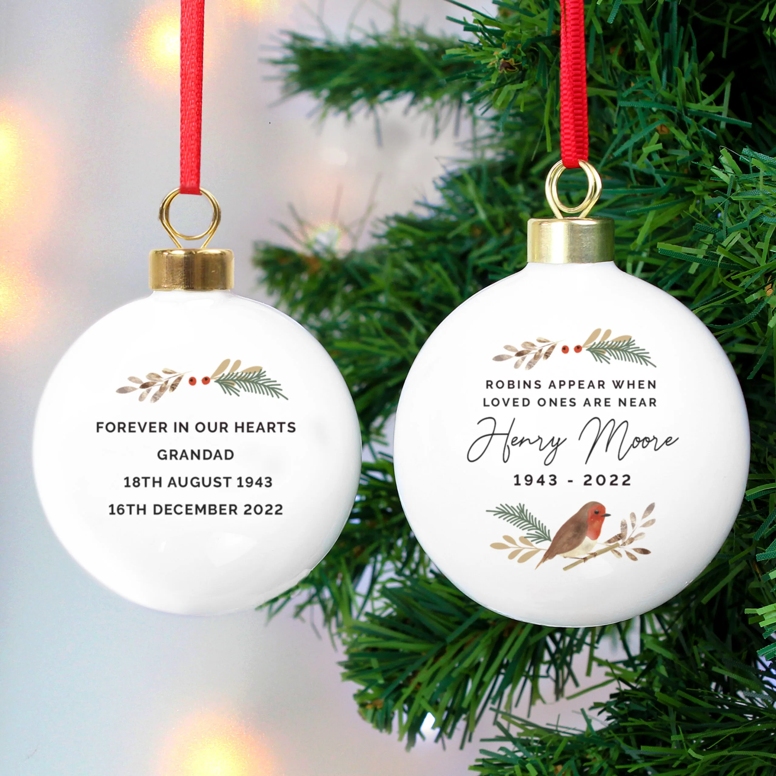 Personalised 'Robins Appear...' Memorial Ceramic Christmas Bauble - Image 2