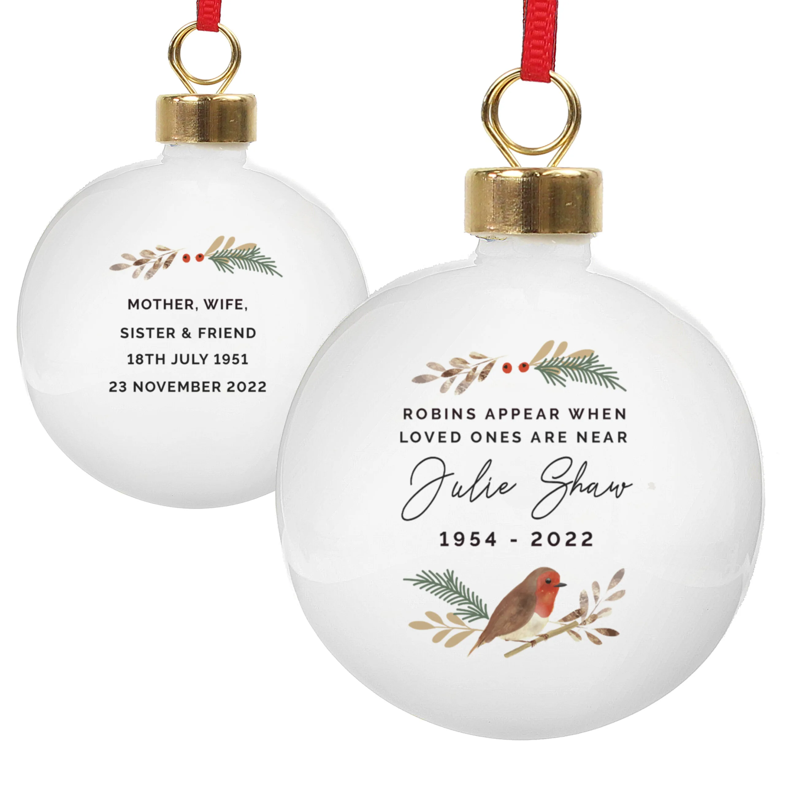 Personalised 'Robins Appear...' Memorial Ceramic Christmas Bauble - Image 3