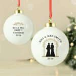 Personalised Same-Sex Female Wedding Couple Ceramic Christmas Bauble - Image 3