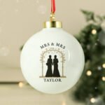 Personalised Same-Sex Female Wedding Couple Ceramic Christmas Bauble - Image 4