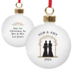 Personalised Same-Sex Female Wedding Couple Ceramic Christmas Bauble - Image 5